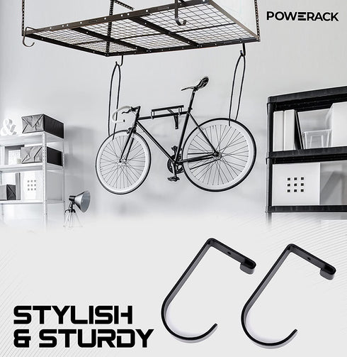 POWERACK Garage Hooks for Ceiling | 4 Pack Alloy Steel Bicycle Hooks | Flat Garage Rack Hooks | Easy to Install Bike Hangers for Garage Ceiling - Black Powder Finish| Each Bike Hook Supports 50 lbs