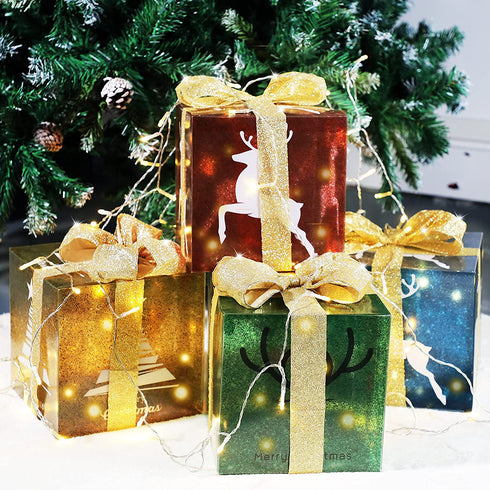 4 Christmas Lighted Gift Boxes and 80 LED Light Decorations, Xmas Tree Reindeer Lit Present Box with Glitter Bows for Indoor Home Party Decor
