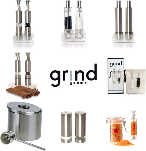 Grind Gourmet Original Pump & Grind Cooking Gadgets, Salt and Pepper Grinder Set or Singles, Buy 1, Buy 2 or More, Solid Stainless, Red or Black.