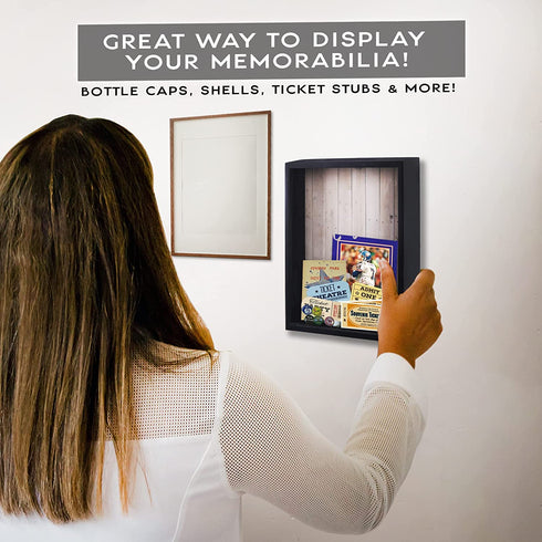 Shadow Box Display Case Black Wooden Shadow Box Frame - Showcase Bottle Caps, Shells, Ticket Stubs, Airline Tickets, Ideal for Memorabilia Photos, Flowers, & Medals (10 x 8 in)