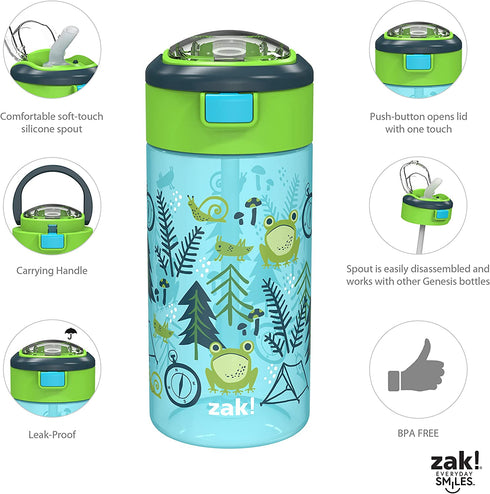 Zak Designs Genesis Non BPA Plastic 18 oz Kids Water Bottle 2 Pieces set Leak-Proof Design is Perfect for Outdoor Sports with Interchangeable Lid and Built-In Carry Handle, Campout