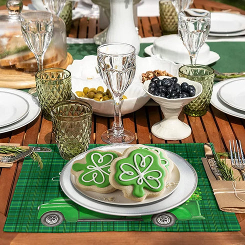 WARM TOUR Placemats for Dining Table Set of 4, St. Patrick's Day Green Truck and Lucky Clover Table Mats Washable Cotton Linen Non-Slip Green Grid Placemats for Home Kitchen Tables Decoration