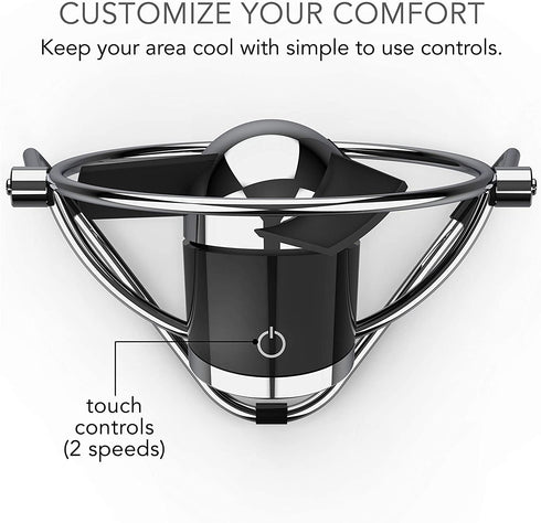 Sharper Image SBM1-SI USB Fan with Soft Blades, 2 Speeds, Touch Control, Quiet Operation, Metal Frame, 5V Wall Adapter, 6 ft. Cable, Personal, Black/Chrome