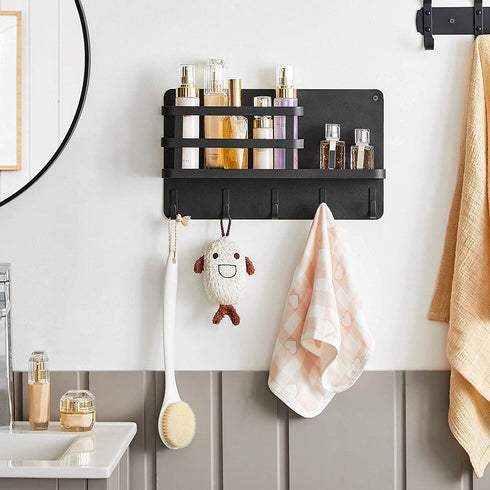 SONGMICS Key Holder for Wall, Wall Mounted Mail Organizer, Metal Floating Shelf with 5 Hooks, Wall Key Hook for Entryway, Key Hanger for Wall, Living Room, Hallway, Mudroom, Kitchen, Black UHCH315B01