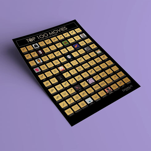 Top 100 Movies Scratch Off Poster - Films of all Time Bucket List - 24x16" Easy to Frame Scratchable Cinema Checklist Poster - Must See Movie Challenge - 100 Essential Movies Scratch off Calendar with Scratcher Included - Greatest Movies for Family to Wat