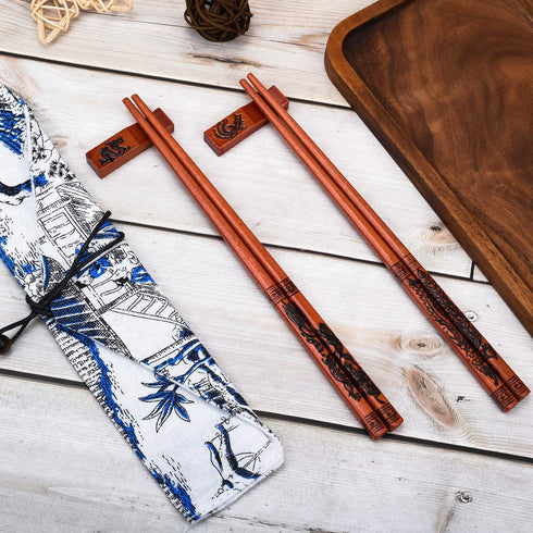 GANGUOLA Chopsticks Reusable Chinese Chopsticks Dragon and Phoenix Carve on Chopsticks with Holder? Carrying Bag Chopsticks Set with Unique Package(5 pairs)