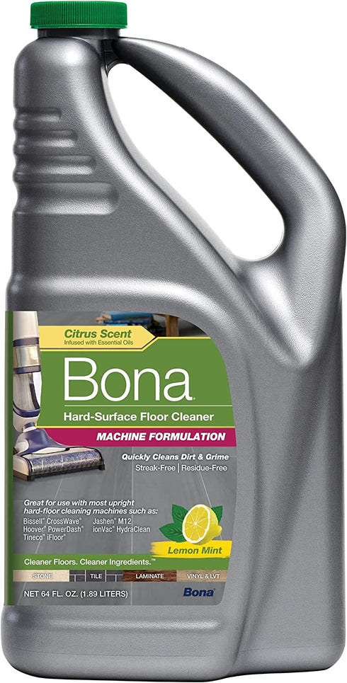 Bona Hard-Floor Cleaning Machine Formulation, Hard-Surface Floor Cleaner Concentrate Refill, for Stone Tile Laminate and Vinyl LVT/LVP, Lemon Mint Scent, 64 Fl Oz