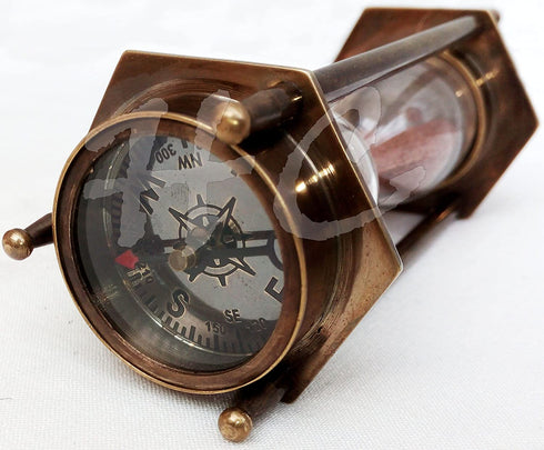 5" DECORATIVE BRASS SAND TIMER HOURGLASS WITH ANTIQUE MARITIME BRASS COMPASS