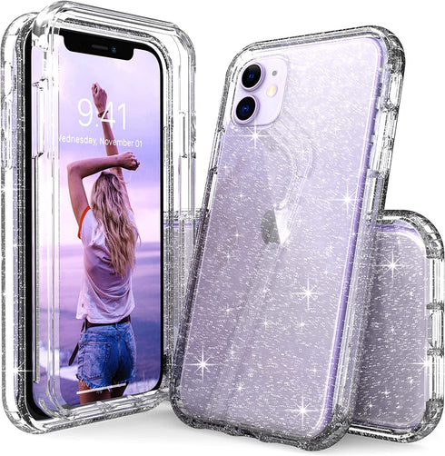 IDYStar iPhone 11 Case Glitter Clear for Girls, Hybrid 2 in 1 Shockproof Heavy Duty Protection Shock Resistant Durable Slim Fit Cover for iPhone 11 6.1 Inch, Glitter Clear