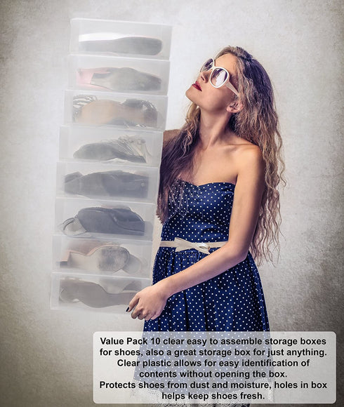 Greenco Clear Foldable Shoe Storage Boxes, 10 Pack. Stackable Heavy Duty Plastic Boot Storage Boxes, Boot & Shoe Box Organizers