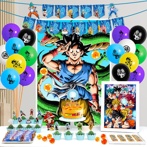 Birthday Party Decorations, 85 Pcs Party Supplies - Backdrop, Banner, Balloon, Cupcake Toppers, Stickers for Anime Themed Party