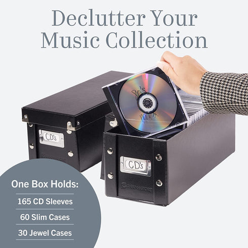 Snap-N-Store CD Storage Box - Pack of 2 - Durable 5.1 x 5.1 x 13.2 Inch Disc Holders with Lids to Store up to 165 Discs - Black