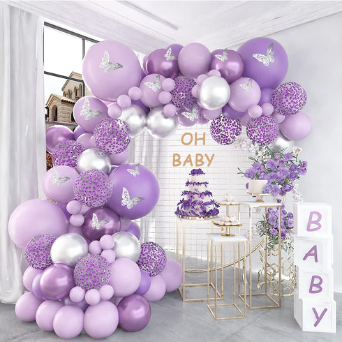 Pateeha Baby Shower Decorations for Girl 140 Pcs Purple Balloon Garland Kit Metallic Purple Silver Balloon Arch 12 Pcs Butterfly Stickers Confetti for Birthday Wedding Decorations