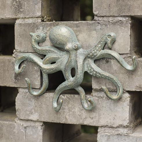 ChasBete Octopus Iron Wall Hooks for Hanging, Rustic Decorative Hooks/ Key Holder/ Coat Hooks/ Towel Hooks with 6 arms - Gold Green