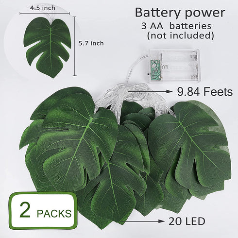 Monstera Leaf String Lights 2 Pack, 20 LED Tropical Artificial Rattan Palm Leaves Wall Hanging Vine Leaf, Summer Decoration for Outdoor Indoor Hawaiian Luau Party Jungle Beach Theme Party Decorations