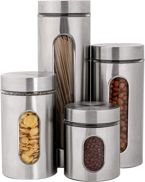 PENGKE 4 Piece Silver Stainless Steel Canister Set with Glass Windows,perfect for Kitchen Canning Cereal,Pasta,Sugar,Beans,Spice