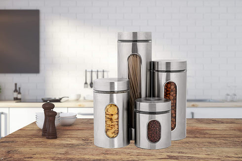 PENGKE 4 Piece Silver Stainless Steel Canister Set with Glass Windows,perfect for Kitchen Canning Cereal,Pasta,Sugar,Beans,Spice