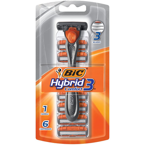 BIC Comfort 3 Hybrid Men's Disposable Razor, 3 Blades, 6 Cartridges and 1 Handle, Black, For a Close and Comfortable Shave (SH3KP6C-L-GRY)