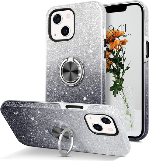 BENTOBEN Case for iPhone 13, iPhone 13 Phone Case, Slim Glitter Case with 360° Ring Holder Kickstand Magnetic Car Mount Supported Protective Girls Women Men Boys Cover for iPhone 13 6.1" 5G, Black