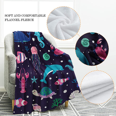 Jekeno Ocean Animal Blanket Smooth Soft Starfish Shark Turtle Print Blanket Kid Baby for Sofa Chair Bed Office Travelling Camping 50"x60"