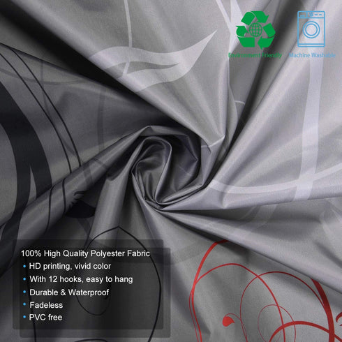 Floral Swirl Floral Shower Curtain with 12 Hooks, Flower Leaf Branches Interwoven Shower Curtain for Bathroom, Red and Grey Black Shower Curtain