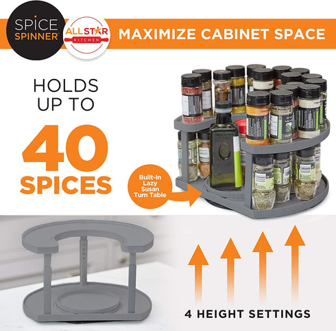 Spice Spinner Two-Tiered Spice Organizer & Holder That Saves Space, Keeps Everything Neat, Organized & Within Reach With Dual Spin Turntables- Grey
