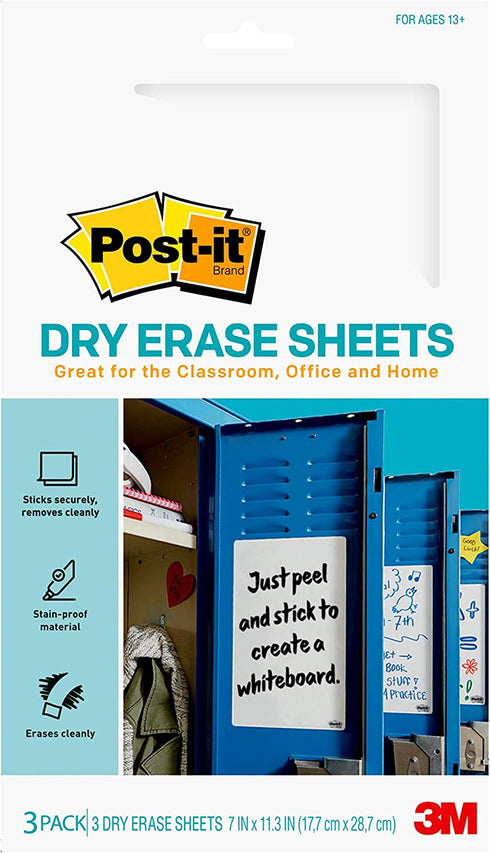 Post-it Dry Erase Sheets, 7 in x 11.3 in, Sticks Securely and Removes Cleanly (DEFSHEETS-3PK)