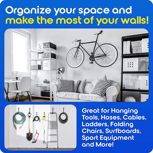 12 pack Heavy-Duty Storage Hooks - Combo Set of 6 Extra-Wide Bike Hooks + 6 Garage Utility Hooks in 3 Sizes - Organize Bikes, Ladders & Tools, for Ceiling & Wall Mounts + Screws & Anchors By Inovastik