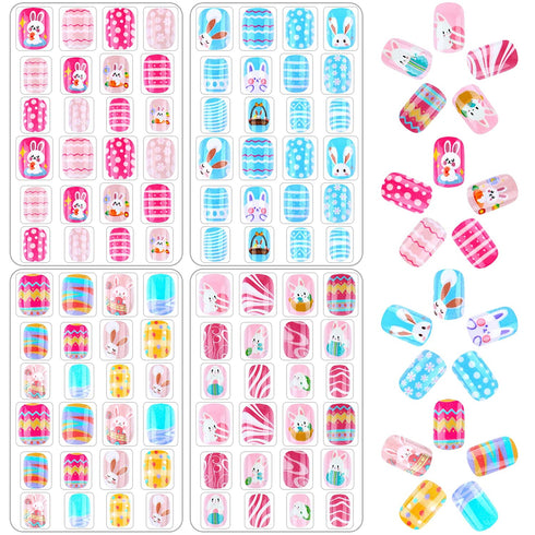 96Pcs Easter Fake Press on Nails for Kids Pre-glue Short Full Cover False Nail Tips Stick on Nails for Children Lovely Gift Girls Nail Art Decoration (Easter Theme)