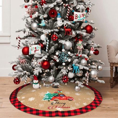 Christmas Tree Skirt Red Buffalo Plaid Xmas Tree Skirt wirh Red Truck for Merry Christmas Xmas Holiday Party Decorations 48 Inch