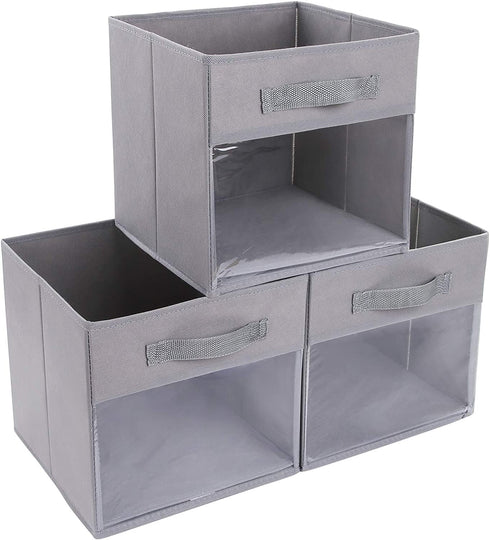 DIMJ Cube Storage Bins, 3 Packs Clear Window Fabric Storage Bin Organizer for Closet Shelves Home Storage Cubes Organizer with Handles