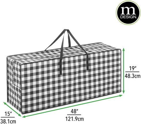 mDesign Extra Large Gift-Wrap Storage Bag with Handles, Organizer Container Holder for Christmas and Holiday Decor - Zipper Closure for Rolls of Wrap, Tree, and Garland, Buffalo Plaid, Black/White