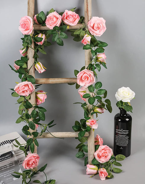 Meiliy 5 Pack 6.6 FT Artificial Flower Garland,Fake Pink Rose Hanging Flower Vines for Home Wedding Party Decor