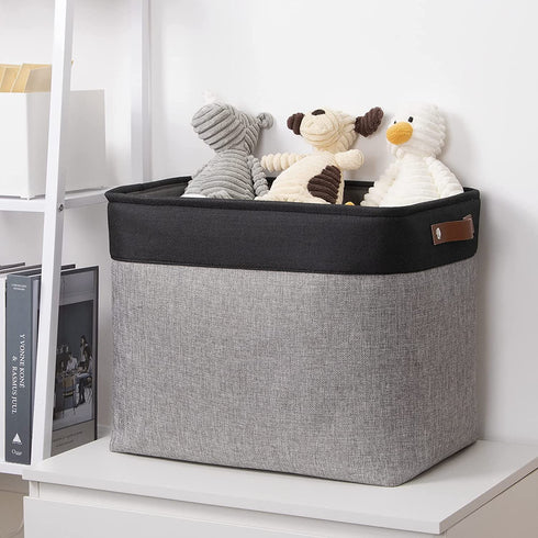 DULLEMELO Large Collapsible Storage Basket/Bin with Durable Leather Handles, Fabric Organizer Bin for Storage Clothes, Toys, Books, Office, Bedroom, Closet, Nursery & Laundry (Black&Gray)