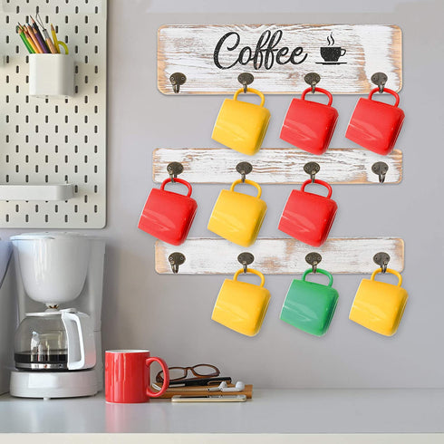 LotFancy Coffee Mug Holder, Rustic Wall Mounted Mug Rack with 12 Cup Hangers, Farmhouse Wood Cup Organizer for Home, Office, Kitchen Display Storage Collection, White Coffee Nook Décor