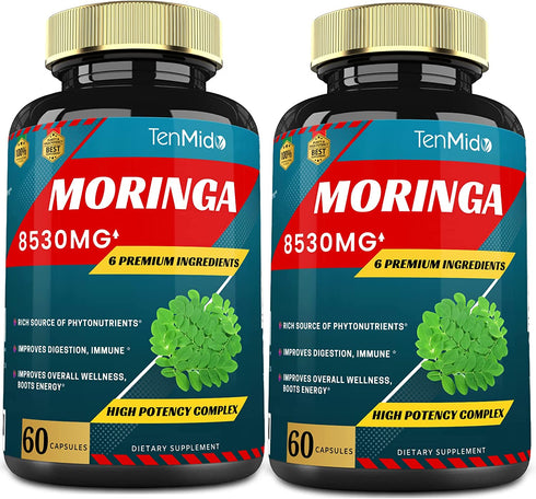 2 Packs Moringa Capsules 8530mg, 4 Months Supply & Turmeric, Ashwagandha, Ginger, Licorice, Black Pepper| Immune Support, Energy Booster | Multi Vitamin Oleifera Leaf Herb | Antioxidant Supplements