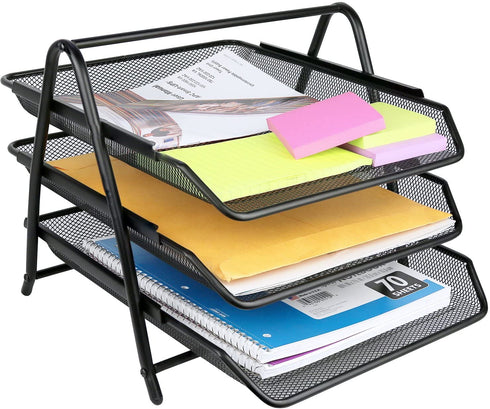 Greenco Paper Tray Mesh 3 Tier Document, Letter, Paper, Desk Organizer, Black