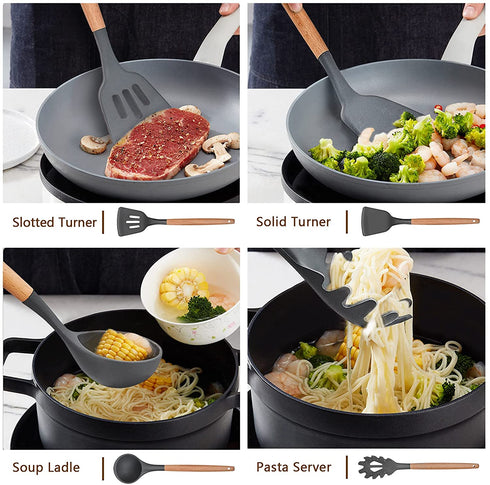 Leonyo 14 PCS Kitchen Cooking Utensils Set with Holder, Silicone Kitchen Gadgets Spatula Set for Nonstick Cookware, Cooking Tools with Tongs, Spoons, Spatulas, Turners, Soup Ladle, Wooden Handle, Grey