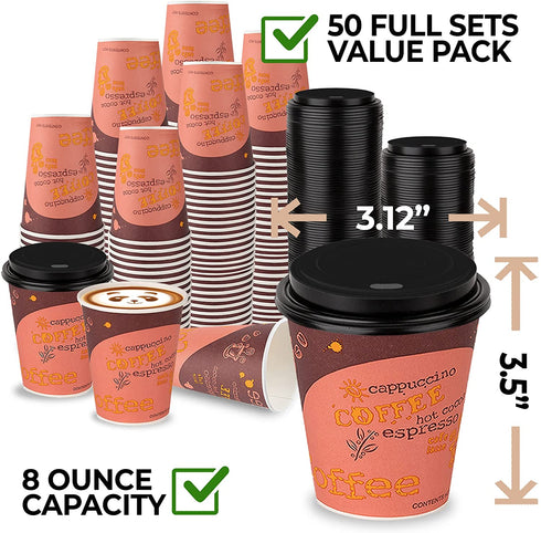 8 Oz. Disposable Paper Coffee Cup Set, 50-Pack Premium Cafe Coffee Cups with Black Lids - Grab 'n Go Cup and Lid Set, Travel Lid for Home, Office, Cafe, Restaurant (50 Count)