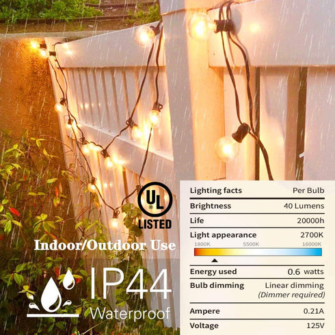 25Ft Globe Led String Lights Waterproof Shatterproof, Connectable Hanging Patio String Lights with 25 LED Plastic Clear Bulbs, Outdoor Indoor Lights for Room Caf© Bistro Pergola Tents, Black Wire