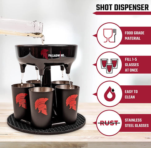 Spear Shot Dispenser with 5 Glasses Pack Premium Quality Hard Plastic Liquid Pourer and Holder - Durable Stainless Steel Glass Smart Gadget Multiple Shots for Party Fiesta Holiday with Family Friends