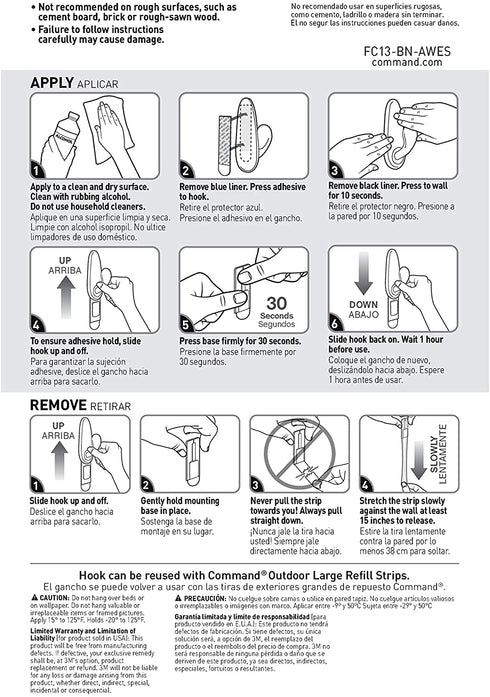 Command Outdoor Metal Hook, 1 Hook, 2 Strips, Water-Resistant Strips (FC13-BN-AWES)