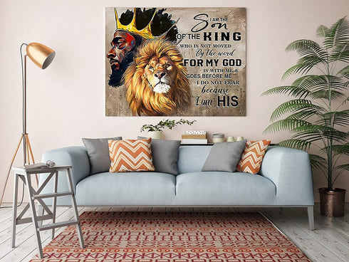 Africa America Wall Art Black King and Lion Wall Art I Am The Son Of The King Poster Black King Canvas Poster African King Man and Lion Poster for Bedroom Office Wall Decorations 24x16inch No Frame
