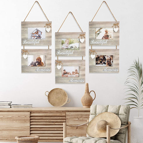 Beautiful Memories Rustic Double Wall Hanging Farmhouse 4x6 Picture Frame Set - A Decorative Collage Photo Frames with Whitewash Style Wood and Shabby Chic Decor. Marcos Para Fotos De Pared.