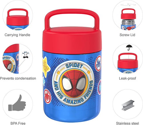 Zak Designs Kids' Vacuum Insulated Stainless Steel Food Jar with Carry Handle, Thermal Container for Travel Meals and Lunch On The Go, 12 oz, Spidey and His Amazing Friends