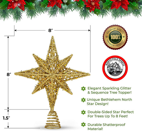 8 Inch Bethlehem Glitter Gold Star Christmas Tree Topper | Christmas Tree Toppers | Christmas Star Tree Topper | Rustic Tree Toppers Christmas Decorations | Christmas Tree Topper Star For 3-6 ft Trees