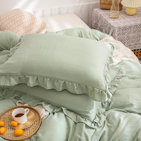 Green Pillow Shams Sage Green Ruffle Standard Pillowcases Set of 2 Shabby Chic Sea Green Pillowcases 2 Pack (Queen (20''x30''), Sea Green)