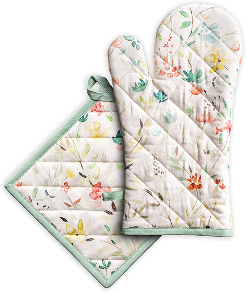 Maison d' Hermine Colmar 100% Cotton Easter Set of Oven Mitt (7.5 Inch by 13 Inch) and Pot Holder (8 Inch by 8 Inch) for BBQ | Cooking | Baking | Grilling | Microwave | Barbecue | Spring/Summer