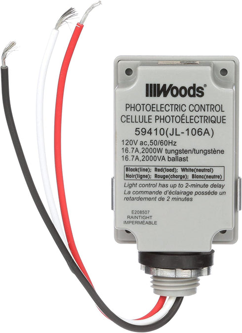 Woods 59410WD Outdoor Hardwired Stem Mount Light Control Sensor with Photocell,Gray