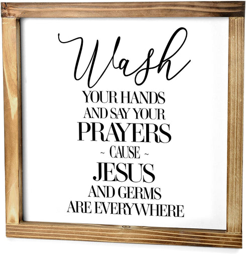 Wash Your Hands And Say Your Prayers Sign 12x12 Inch, Funny Wall Bathroom Signs With Quotes, Jesus And Germs Sign, Cute Bathroom Signs Decor Farmhouse, Rustic Wash Your Hands Sign Bathroom Decor